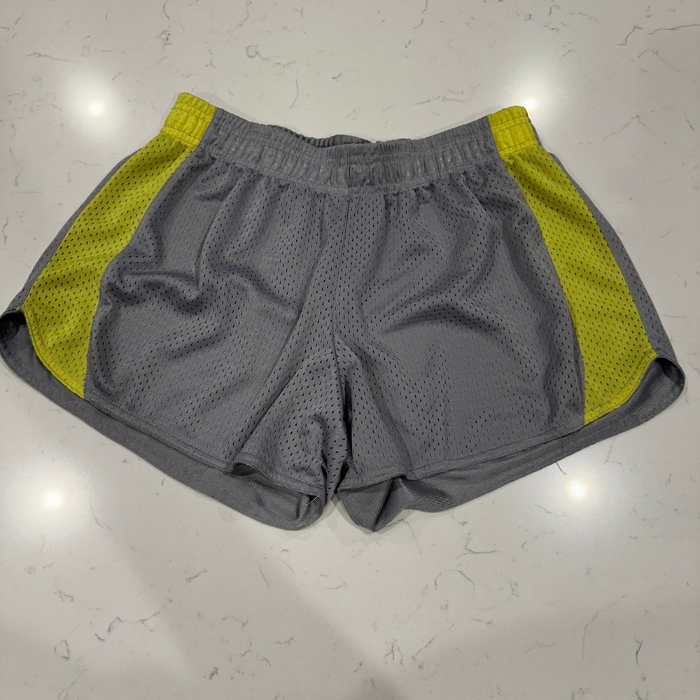 Just Be Womens Mesh Athletic Shorts Gray Neon Yellow Medium Gym Running